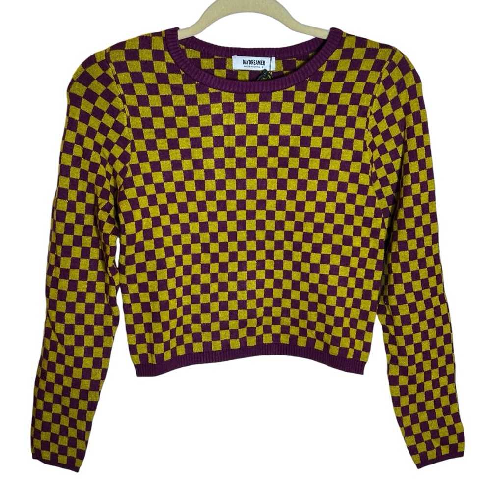 Daydreamer Fig Check Yellow Purple Soft Stretchy Crop Sweater, NWT, Small